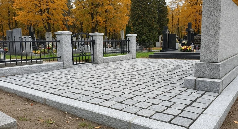 Благоустройство захоронений в Казани — мощение гранитной плиткой, цоколь и ограда на ухоженном участке