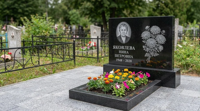 Гравировка хризантем на памятник в Казани — пример работы на граните