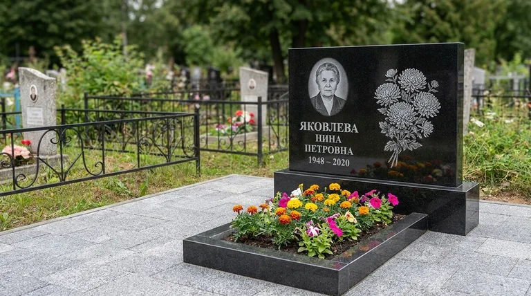 Памятник с гравировкой хризантем — выполненная работа «Соколов» в Казани