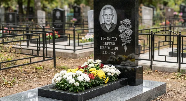 Памятник с гравировкой хризантем — выполненная работа «Громов» в Казани