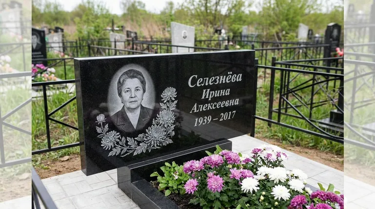 Памятник с гравировкой хризантем — выполненная работа «Селезнёва» в Казани