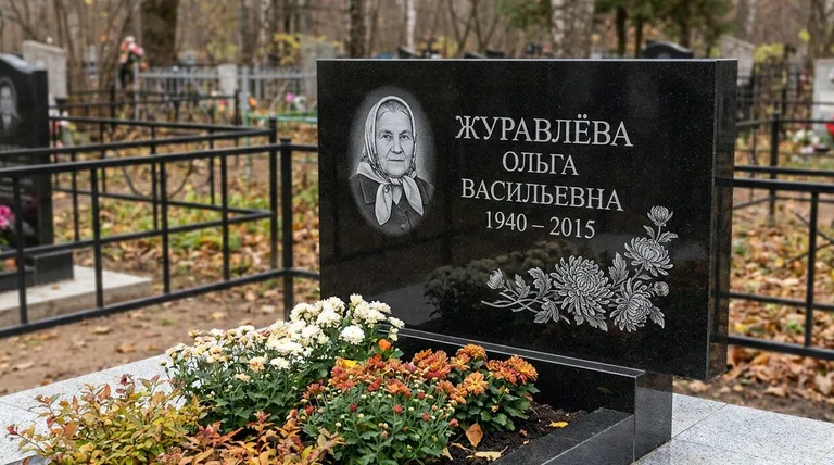 Памятник с гравировкой хризантем — выполненная работа «Журавлёва» в Казани