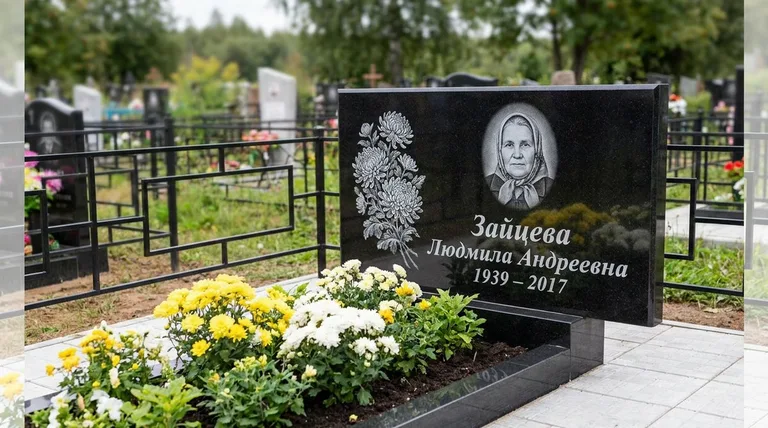 Памятник с гравировкой хризантем — выполненная работа «Зайцева» в Казани