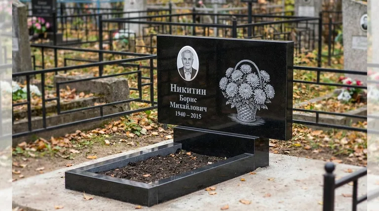 Памятник с гравировкой хризантем — выполненная работа «Никитин» в Казани