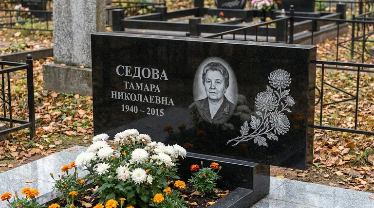 Памятник с гравировкой хризантем — выполненная работа «Седова» в Казани
