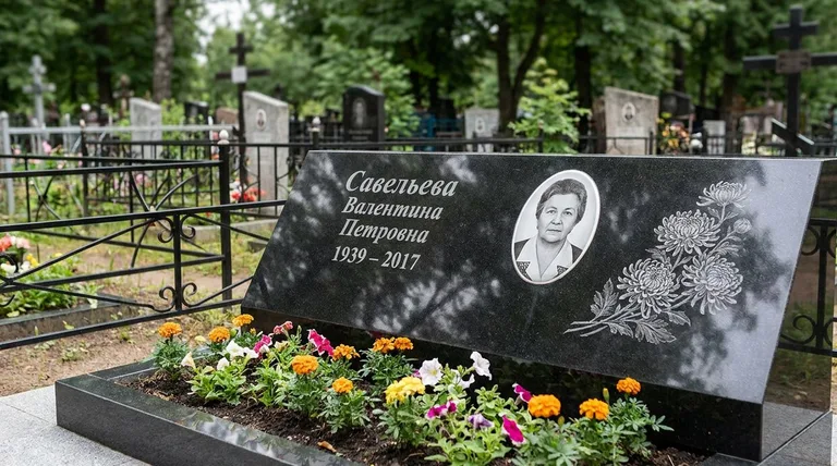 Памятник с гравировкой хризантем — выполненная работа «Савельева» в Казани