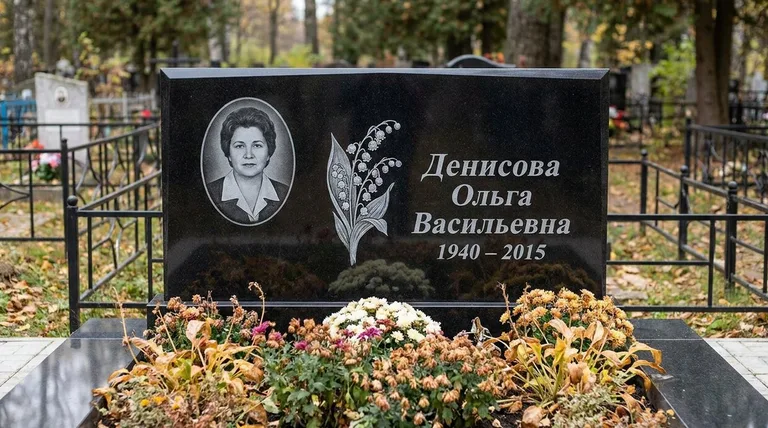 Памятник с гравировкой ландышей — выполненная работа «Денисова» в Казани