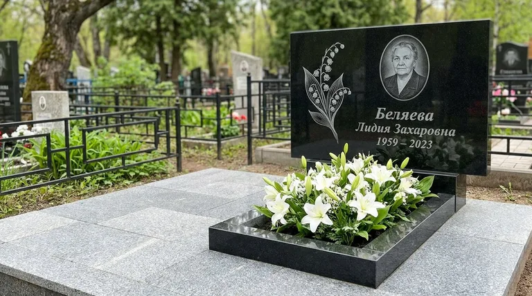 Памятник с гравировкой ландышей — выполненная работа «Беляева» в Казани