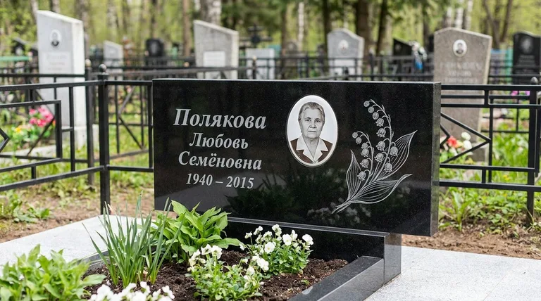 Памятник с гравировкой ландышей — выполненная работа «Полякова» в Казани