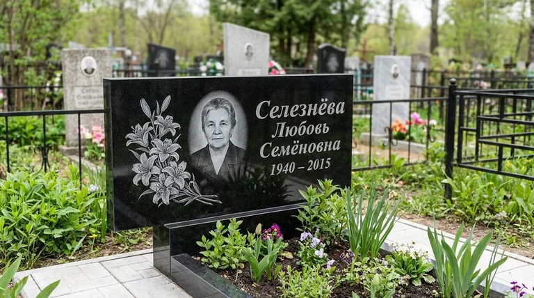 Памятник с гравировкой лилий — выполненная работа «Селезнёва» в Казани