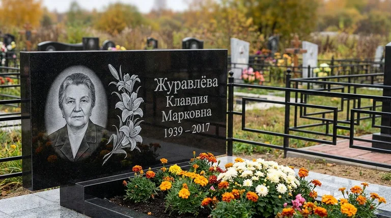 Памятник с гравировкой лилий — выполненная работа «Журавлёва» в Казани
