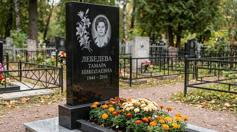 Памятник с гравировкой лилий — выполненная работа «Лебедева» в Казани