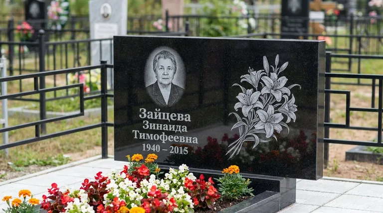 Памятник с гравировкой лилий — выполненная работа «Зайцева» в Казани