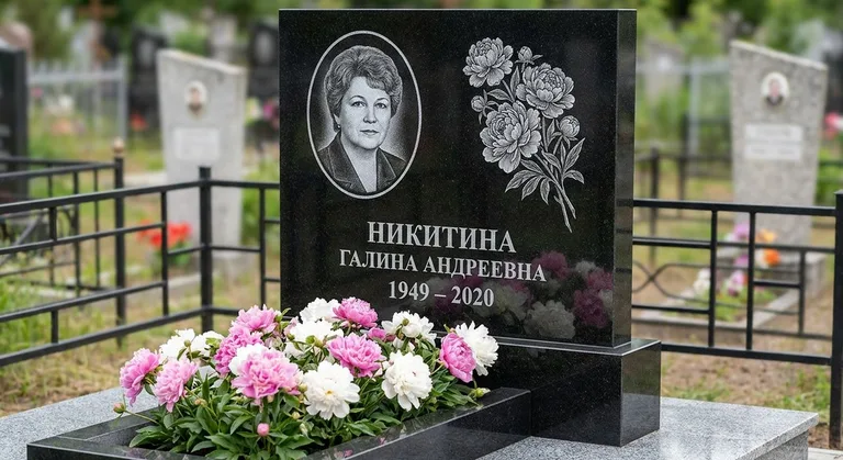 Памятник с гравировкой пионов — выполненная работа «Никитина» в Казани