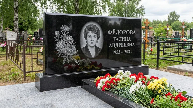 Памятник с гравировкой пионов — выполненная работа «Фёдорова» в Казани