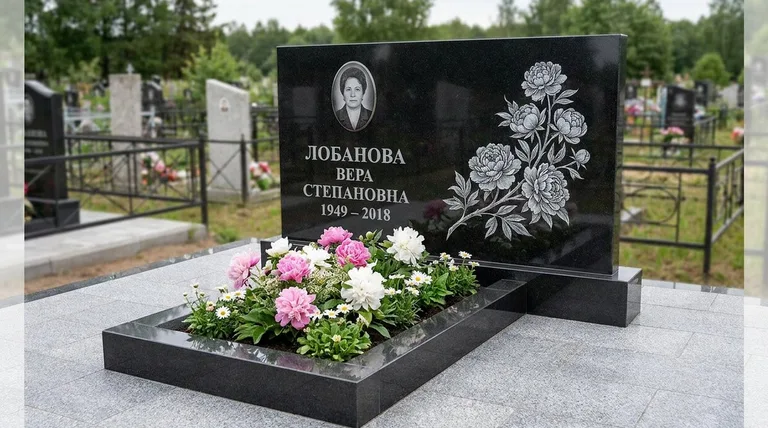 Памятник с гравировкой пионов — выполненная работа «Лобанова» в Казани