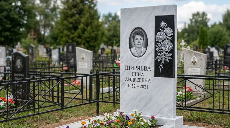 Памятник с гравировкой пионов — выполненная работа «Ширяева» в Казани