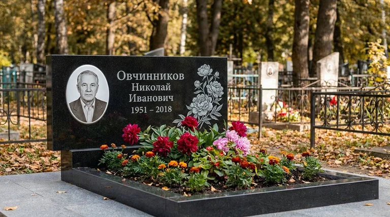 Памятник с гравировкой пионов — выполненная работа «Овчинников» в Казани