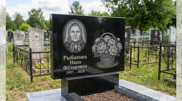 Памятник с гравировкой пионов — выполненная работа «Рыбакова» в Казани