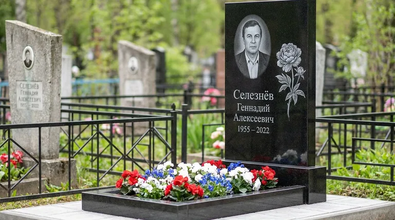 Памятник с гравировкой пионов — выполненная работа «Селезнёв» в Казани
