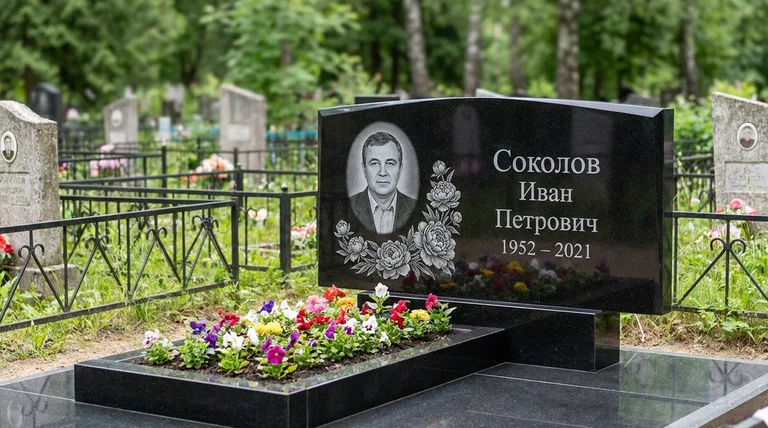 Памятник с гравировкой пионов — выполненная работа «Соколов» в Казани