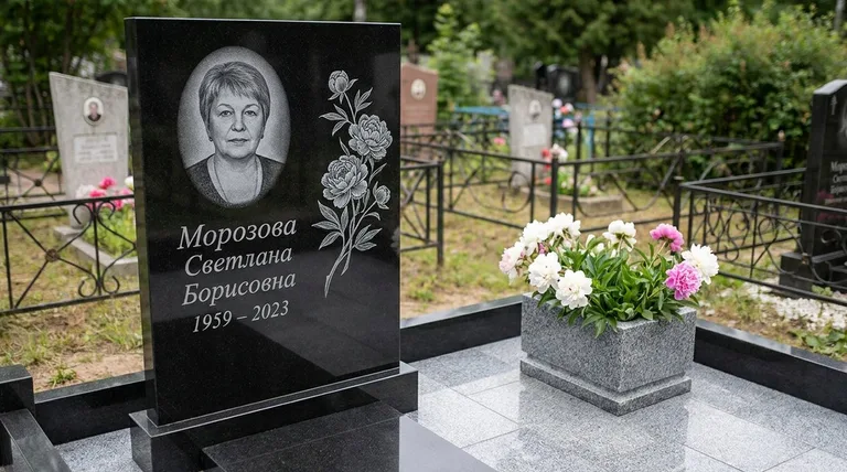 Памятник с гравировкой пионов — выполненная работа «Морозова» в Казани