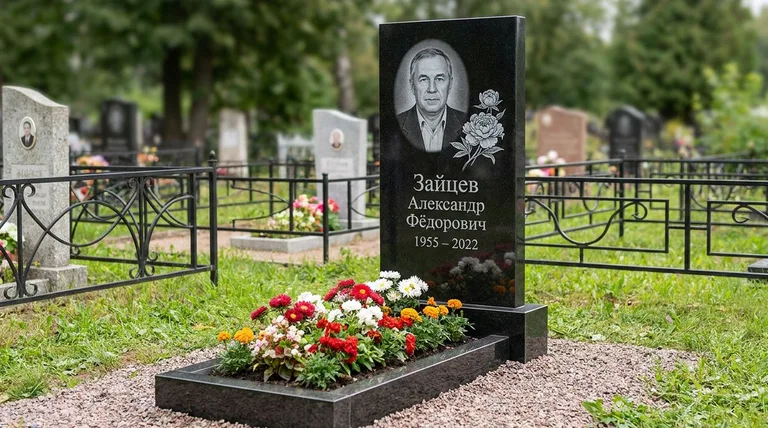 Памятник с гравировкой пионов — выполненная работа «Зайцев» в Казани
