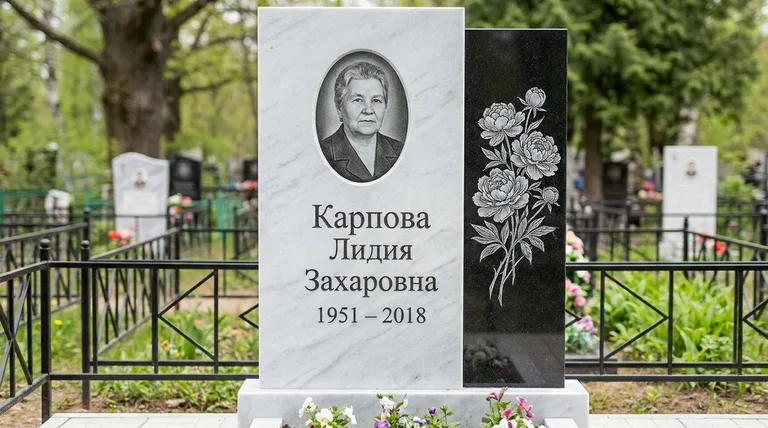 Памятник с гравировкой пионов — выполненная работа «Карпова» в Казани