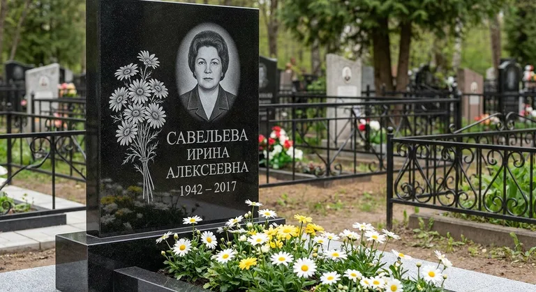 Памятник с гравировкой ромашек — выполненная работа «Савельева» в Казани