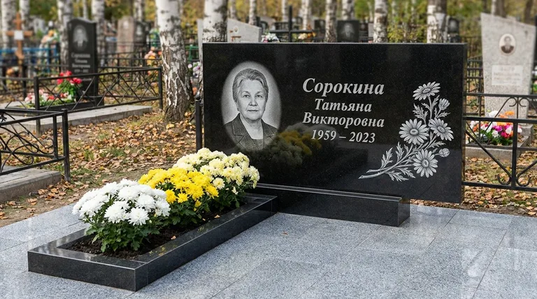Памятник с гравировкой ромашек — выполненная работа «Сорокина» в Казани