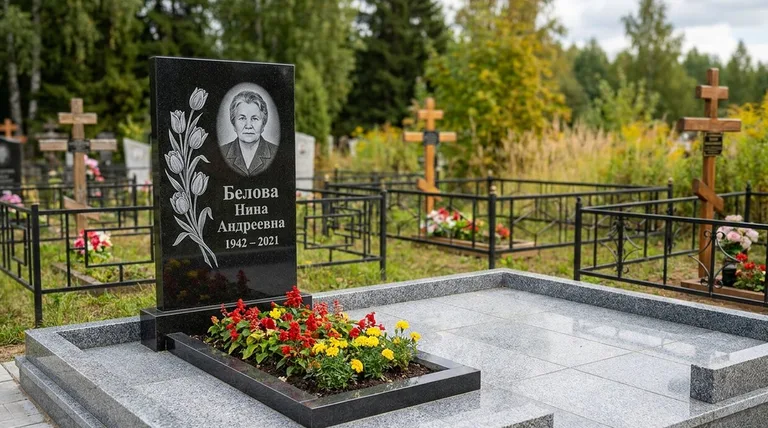 Памятник с гравировкой тюльпанов — выполненная работа «Белова» в Казани