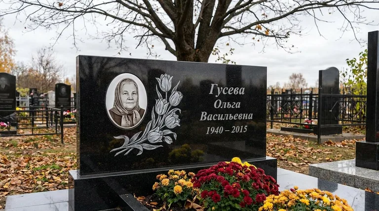 Памятник с гравировкой тюльпанов — выполненная работа «Гусева» в Казани