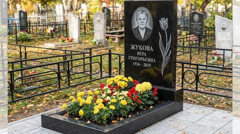 Памятник с гравировкой тюльпанов — выполненная работа «Жукова» в Казани