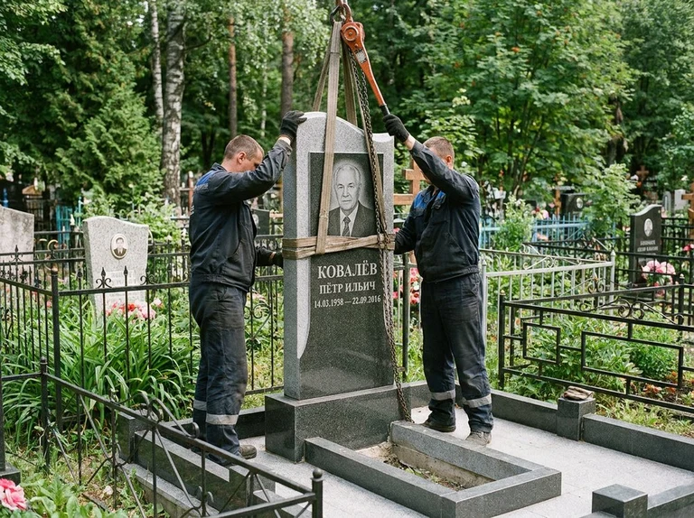Демонтаж памятника на кладбище в Казани — бригада аккуратно снимает старый гранитный памятник с могилы