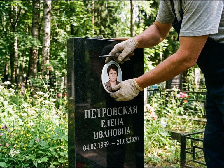 Фото на керамике на памятник в Казани — мастер устанавливает овальный керамический портрет на гранитный памятник