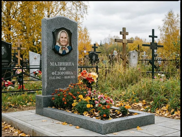 Чёрно-белый керамический портрет на памятнике в Казани
