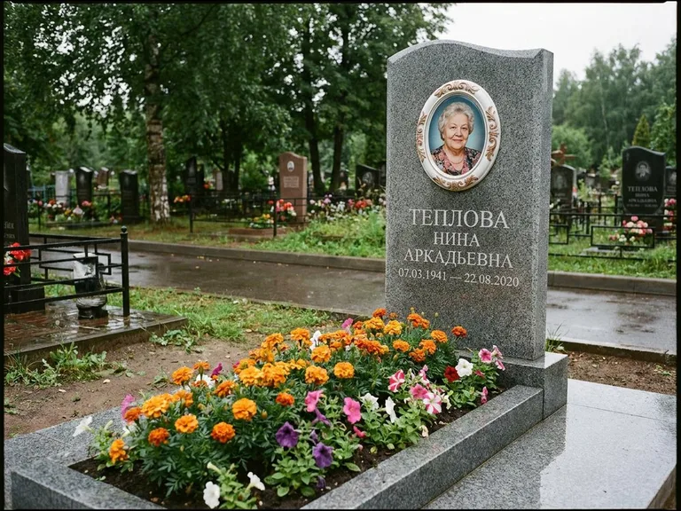 Керамический портрет на памятнике с цветами в Казани