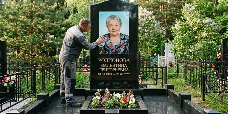 Фотокерамика и печать фото на памятник в Казани — мастер устанавливает цветной портрет на стекле на гранитный памятник