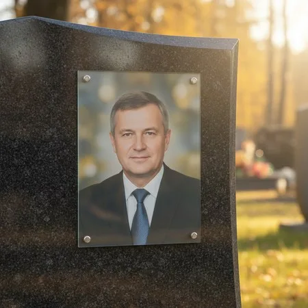 Портрет на стекле на держателях на чёрном граните в Казани