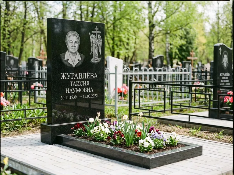 Памятник с гравировкой ангела — гравировка ангела с голубем по диагонали стелы, работа «Журавлёва» в Казани