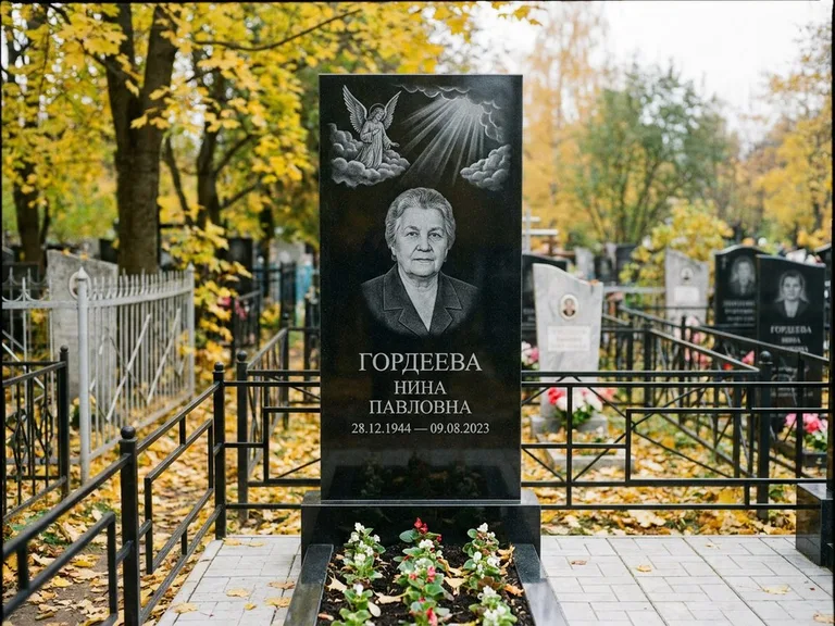 Памятник с гравировкой ангела — гравировка ангела в облаках с лучами над портретом, работа «Гордеева» в Казани