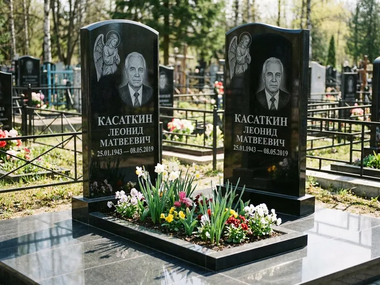 Памятник с гравировкой ангела — гравировка молящегося ангела в верхней части стелы, работа «Касаткин» в Казани