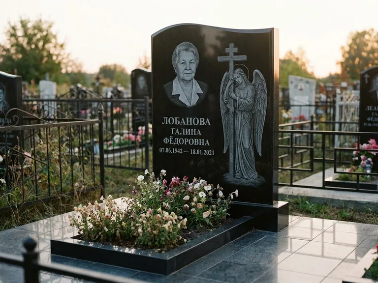 Памятник с гравировкой ангела — гравировка ангела с крестом рядом с эпитафией, работа «Лобанова» в Казани