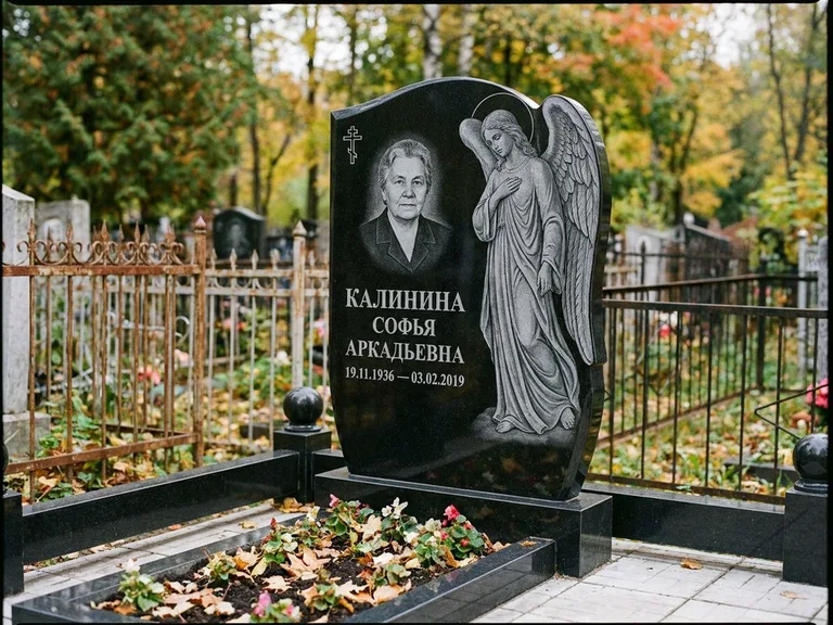 Памятник с гравировкой ангела — гравировка ангела с крестом рядом с эпитафией, работа «Игнатова» в Казани