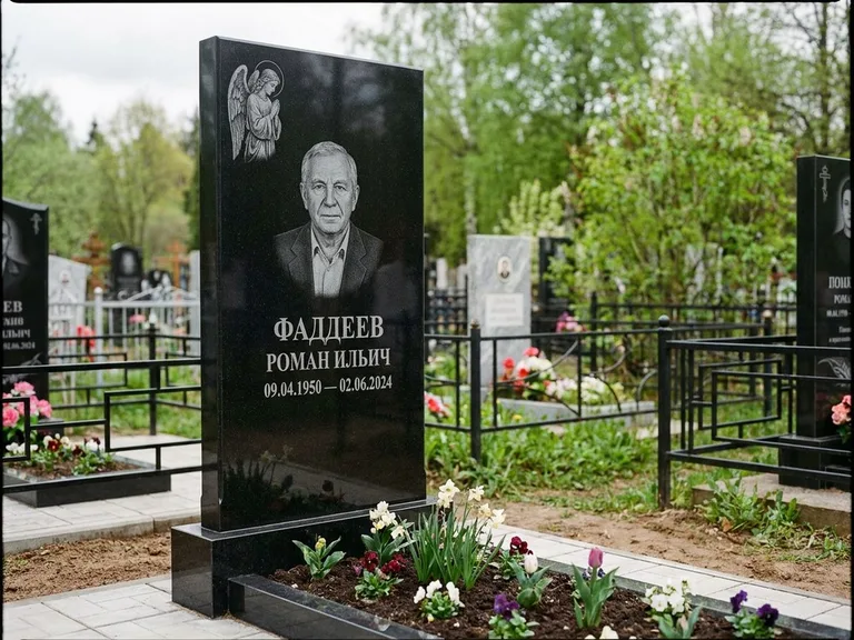 Памятник с гравировкой ангела — гравировка молящегося ангела в верхней части стелы, работа «Фаддеев» в Казани