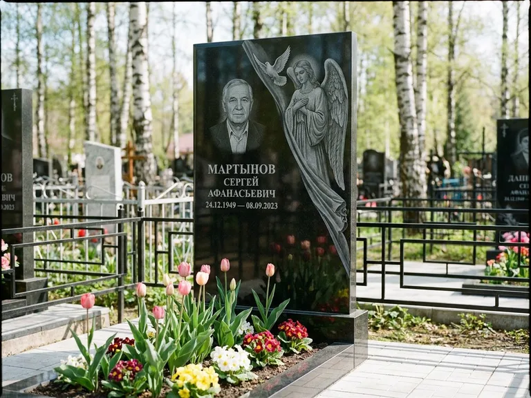 Памятник с гравировкой ангела — гравировка двух ангелов по сторонам портрета, работа «Касаткин» в Казани
