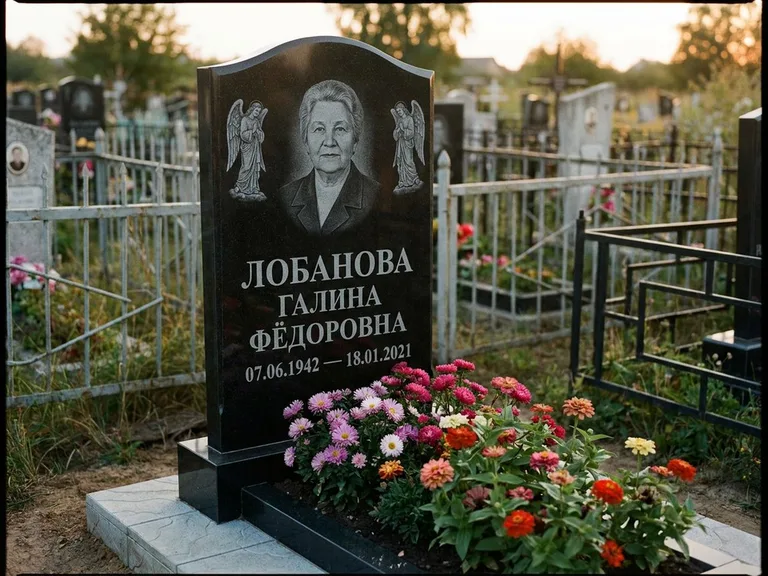 Памятник с гравировкой ангела — гравировка двух ангелов по сторонам портрета, работа «Лобанова» в Казани