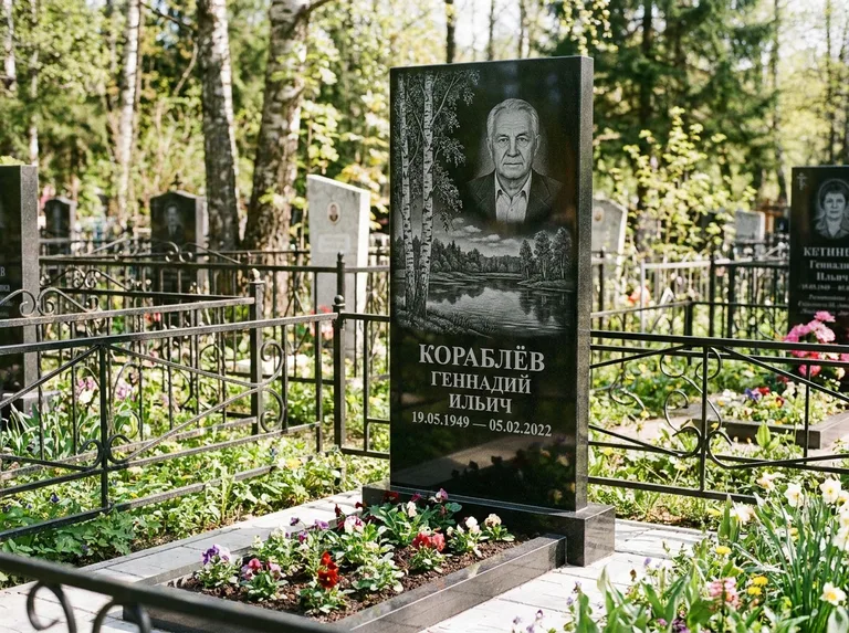 Памятник с гравировкой берёзы — гравировка берёзы у зеркального озера, работа «Кораблёв» в Казани
