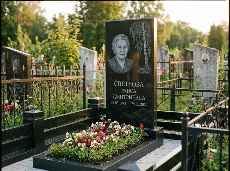 Памятник с гравировкой берёзы — гравировка плакучей берёзы с тонкими ветвями, работа «Светлова» в Казани