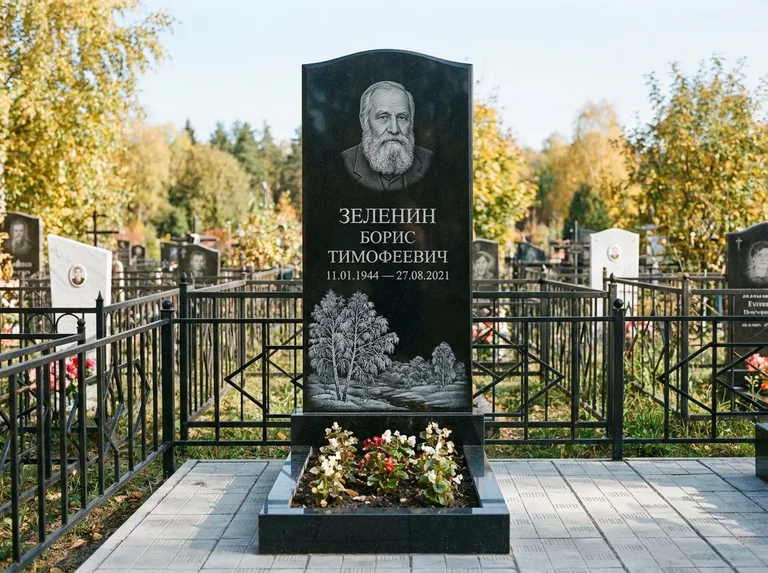Памятник с гравировкой берёзы — гравировка зимней берёзы в инее, работа «Зеленин» в Казани
